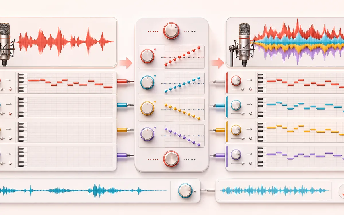Before-and-after illustration of Vocal Harmonizer: Lead vocal becomes Layered harmonies through Generate interval voices.