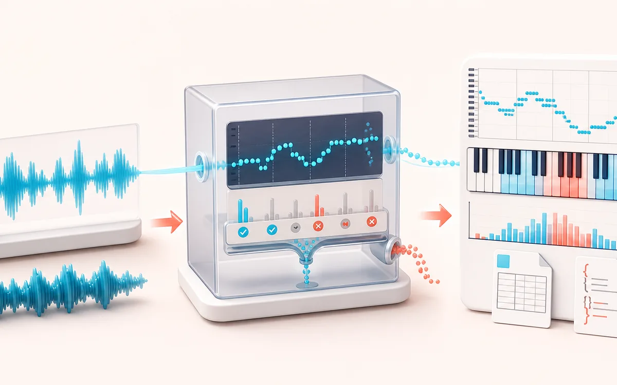 Before-and-after illustration of Vocal Range Finder: Monophonic singing becomes Range report through Track reliable notes.