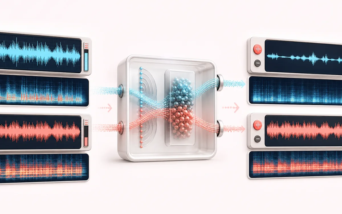 Before-and-after illustration of Vocal Remover: Mixed song becomes Vocal and instrumental through Separate center vocal.