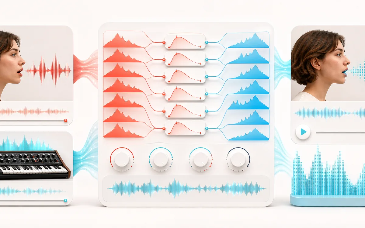 Before-and-after illustration of Online Vocoder: Voice and carrier becomes Vocoded signal through Transfer band envelopes.
