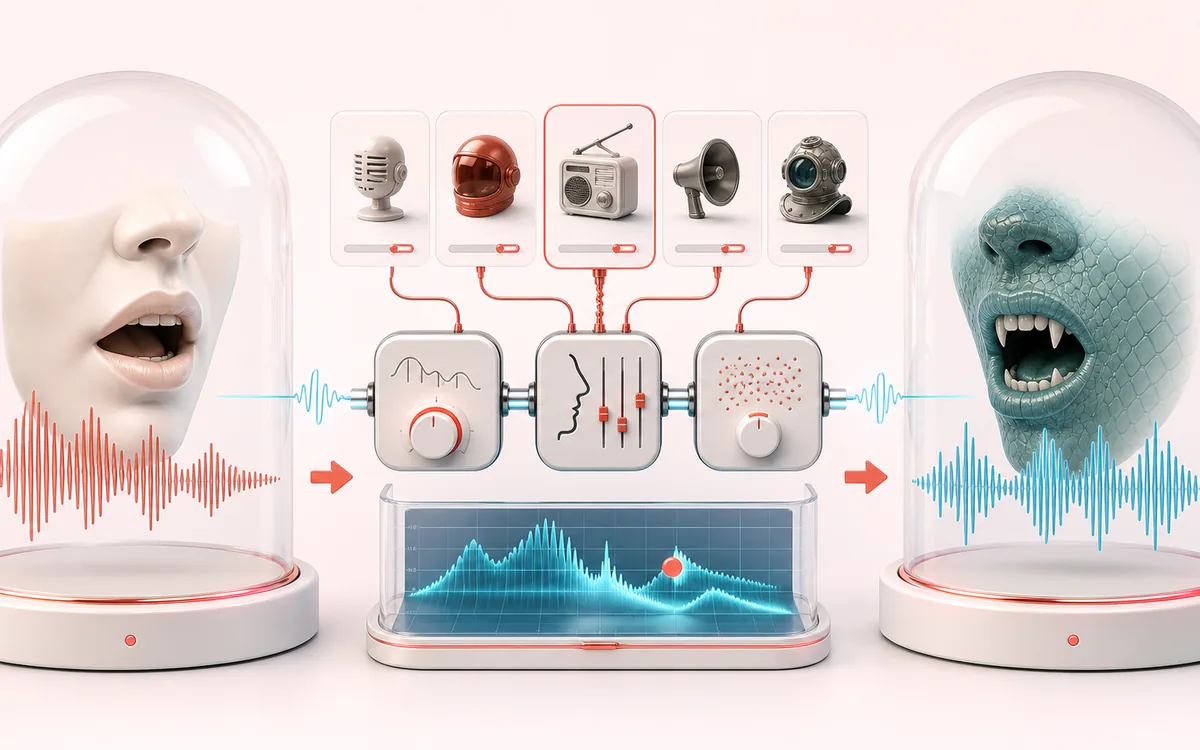 Before-and-after illustration of Voice Changer: Recorded voice becomes Transformed voice through Apply character chain.