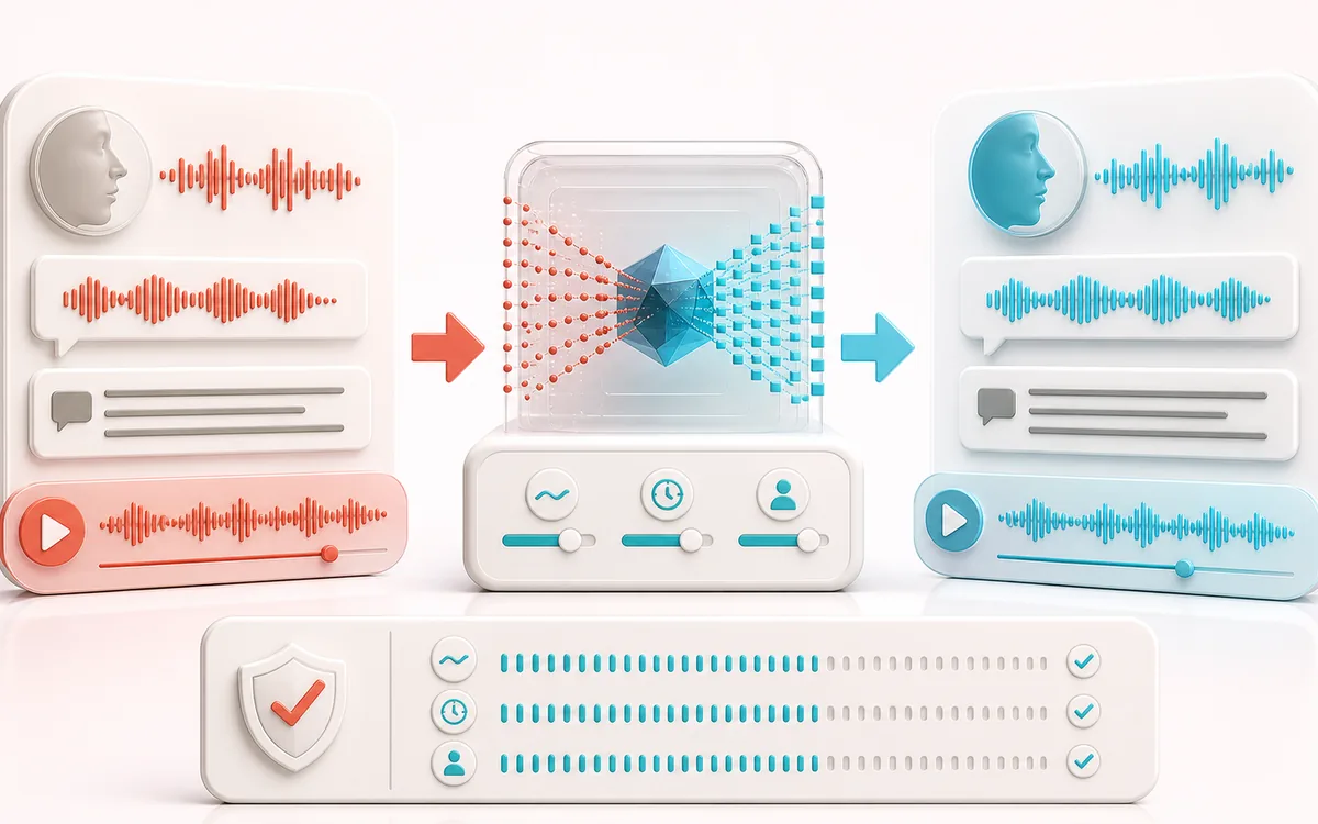 Before-and-after illustration of Voice Cloning: Voice sample and text becomes Cloned speech through Model speaker tone.