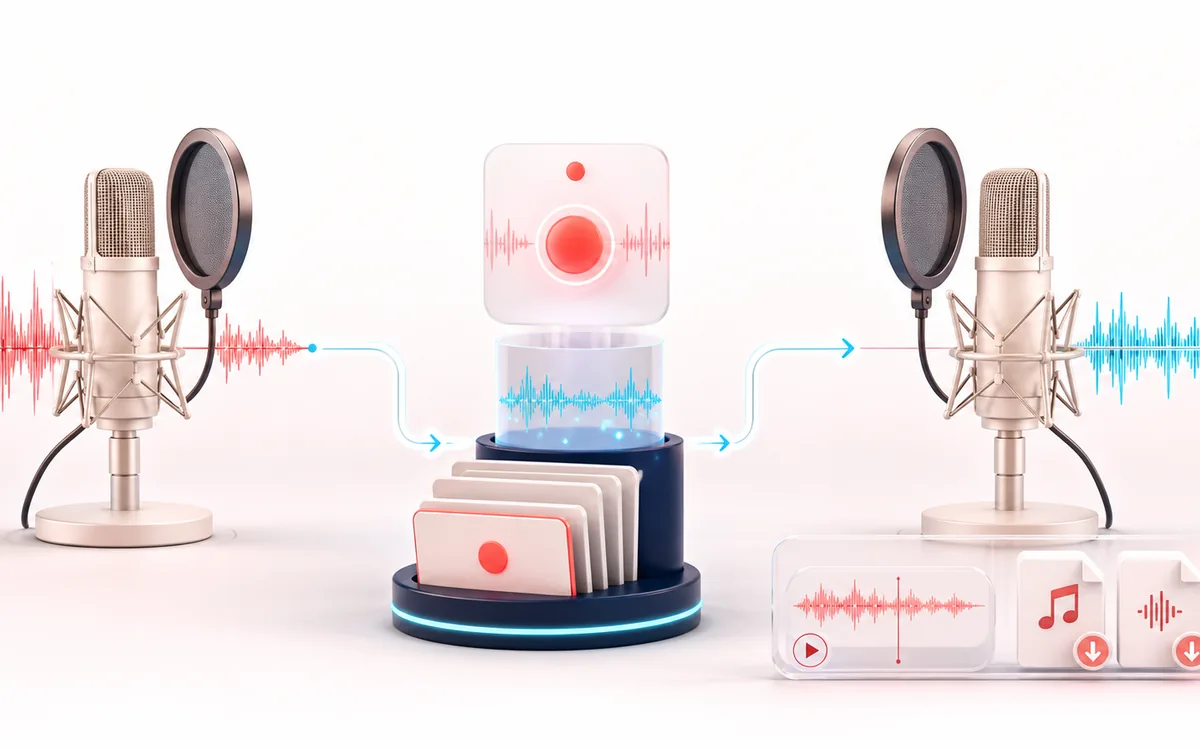 Before-and-after illustration of Voice Recorder: Live microphone becomes Voice recording through Capture one take.