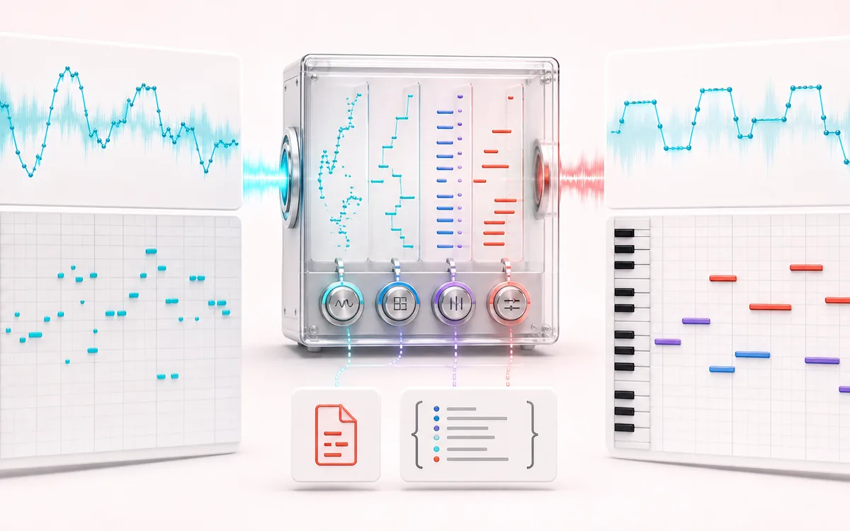 Before-and-after illustration of Audio to MIDI & Voice to Instrument: Hummed melody becomes MIDI instrument part through Detect and map notes.