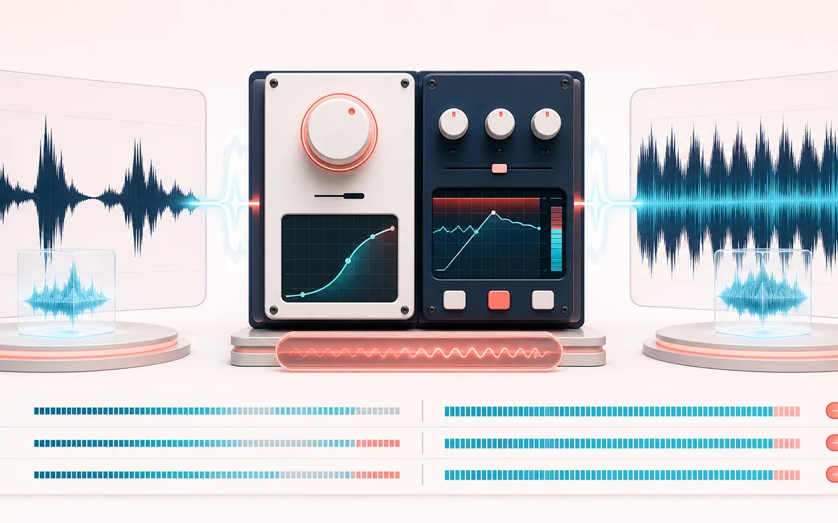 Before-and-after illustration of Volume Booster: Quiet audio becomes Louder render through Boost with protection.