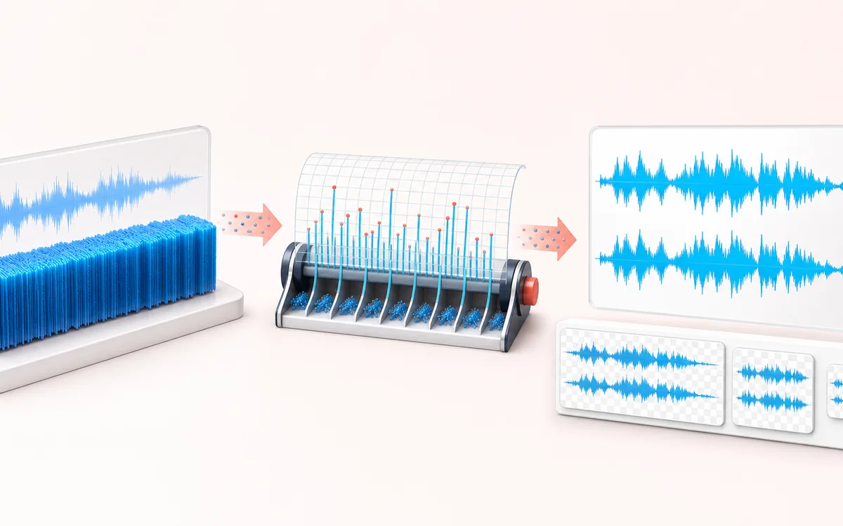 Before-and-after illustration of Audio Waveform Generator: Complete audio track becomes PNG or SVG waveform through Render peak geometry.