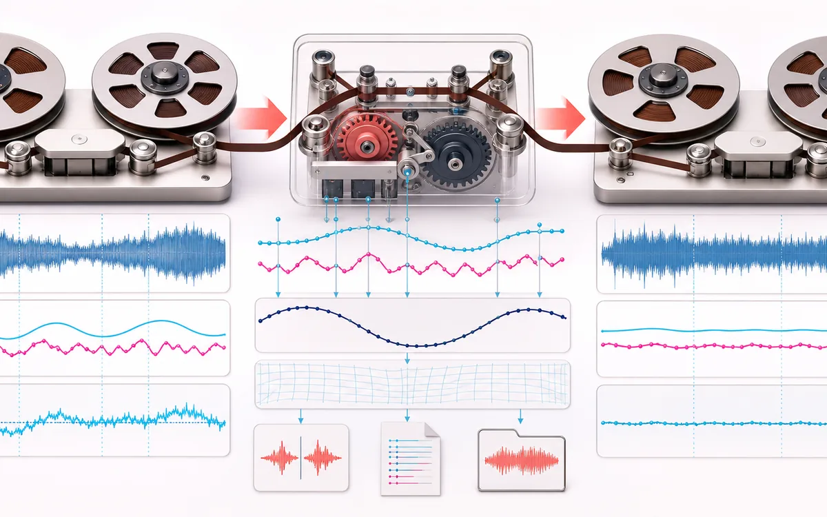 Before-and-after illustration of Wow & Flutter Corrector: Unstable recording becomes Stabilized audio through Track and counter drift.